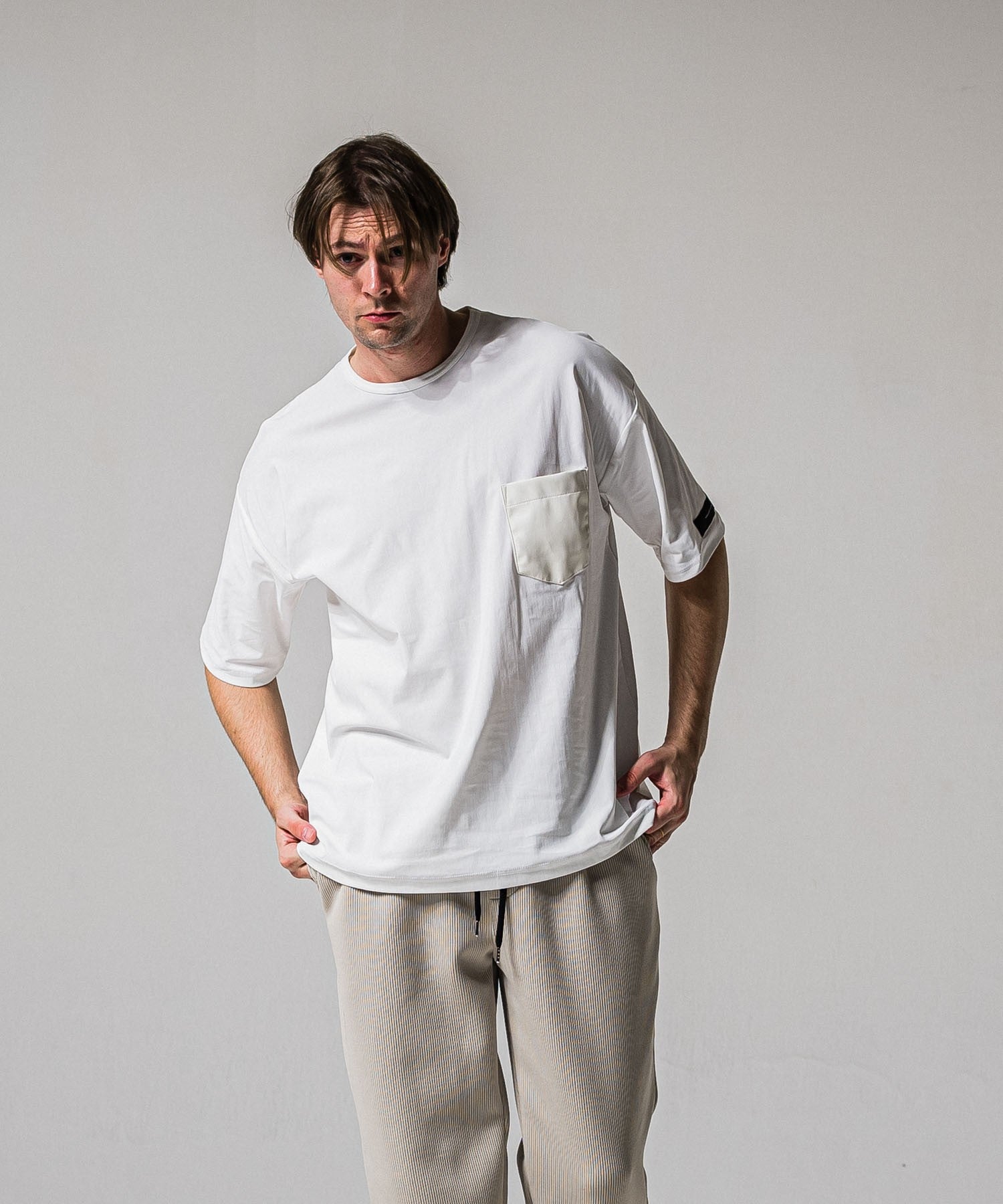 leather pocket overnylon T WHITE
