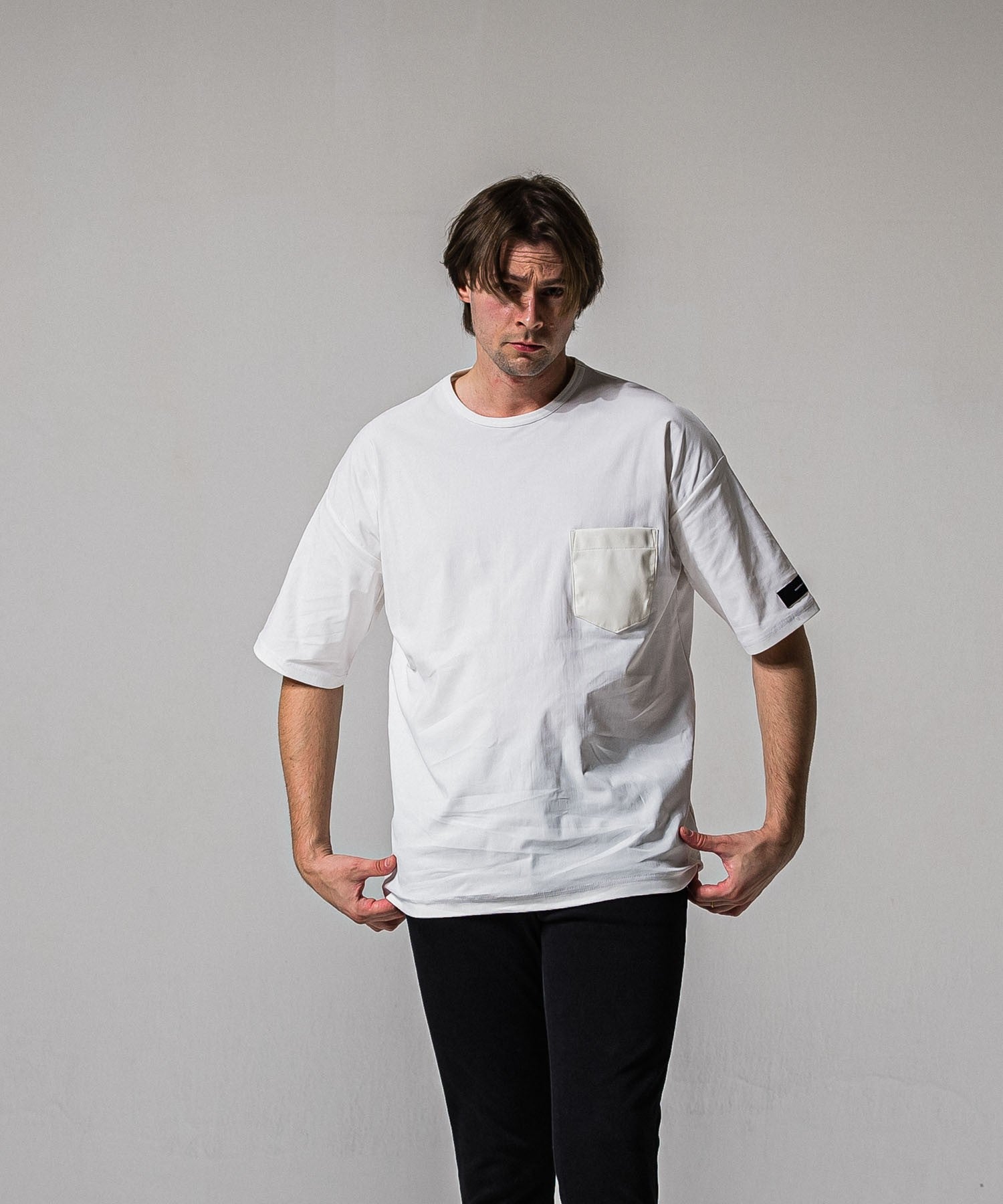 leather pocket overnylon T WHITE