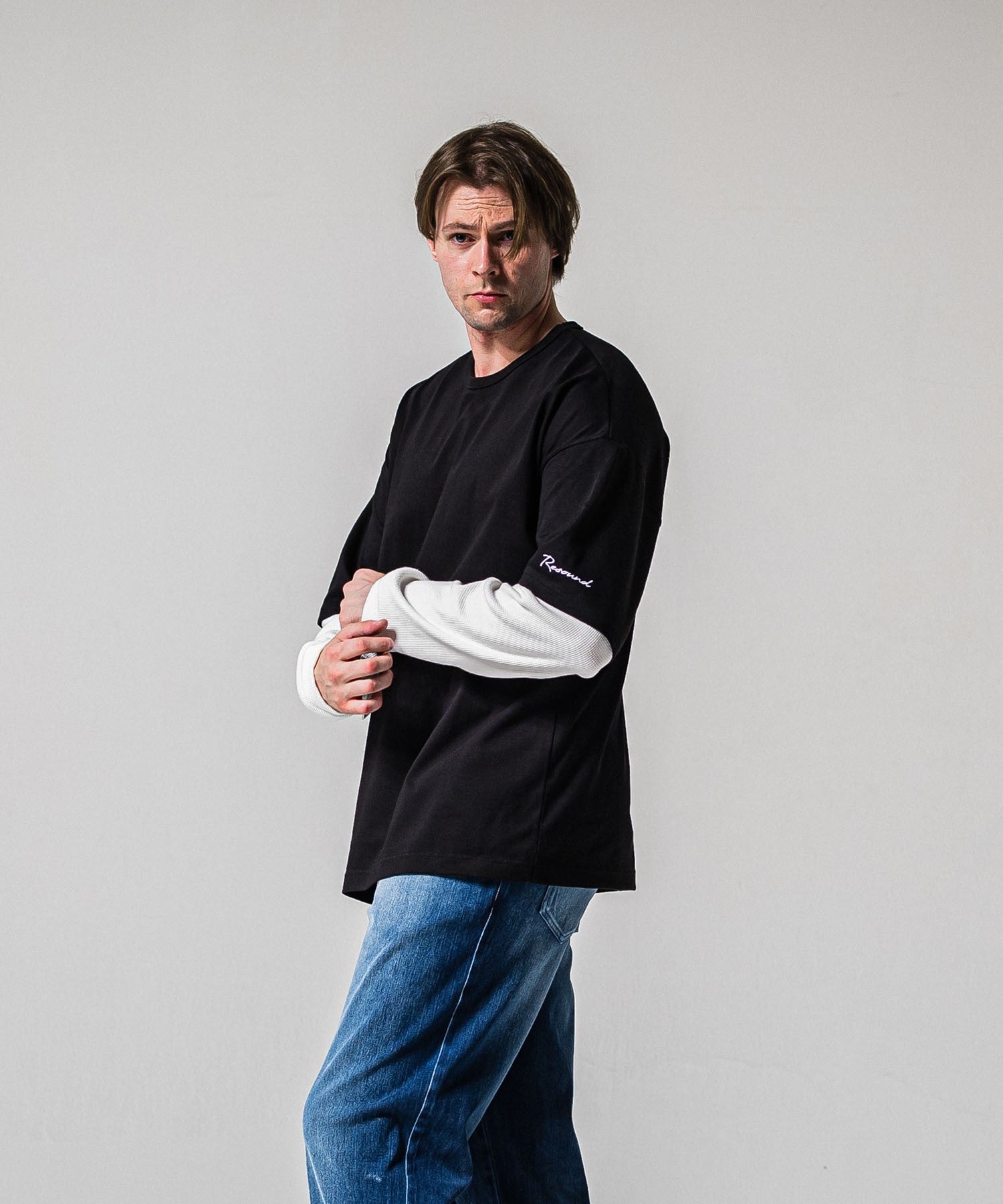 fake layered waffle longsleave BLACK×WHITE