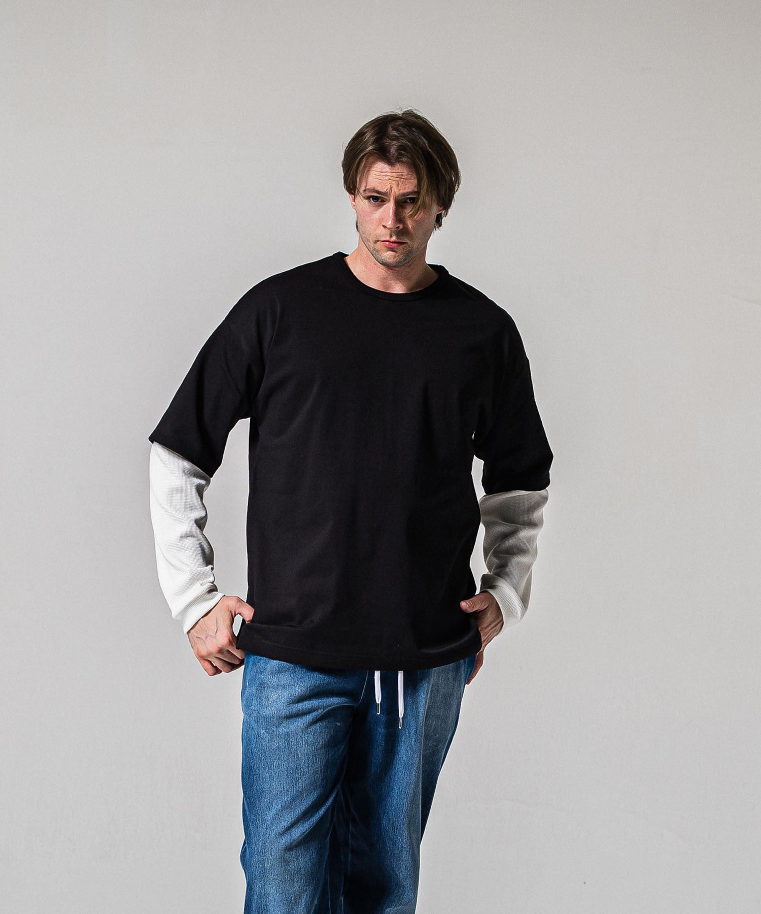 fake layered waffle longsleave BLACK×WHITE