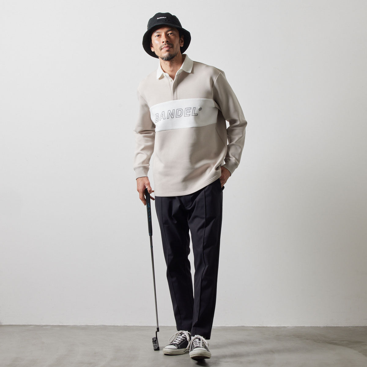 COLOR BLOCK L/S RUGBY POLO BGS-4ACBRP 軽量 保温 伸縮性 ルーズフィット / BEIGE×WHITE