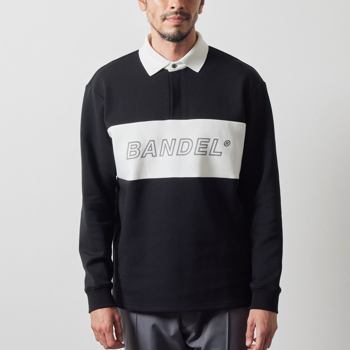 COLOR BLOCK L/S RUGBY POLO BGS-4ACBRP 軽量 保温 伸縮性 ルーズフィット / BLACK×WHITE