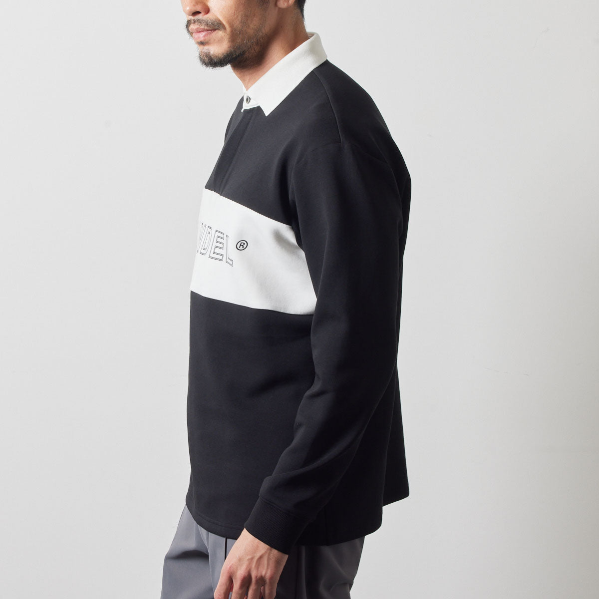 COLOR BLOCK L/S RUGBY POLO BGS-4ACBRP 軽量 保温 伸縮性 ルーズフィット / BLACK×WHITE