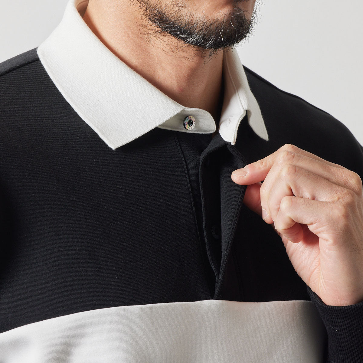 COLOR BLOCK L/S RUGBY POLO BGS-4ACBRP 軽量 保温 伸縮性 ルーズフィット / BLACK×WHITE