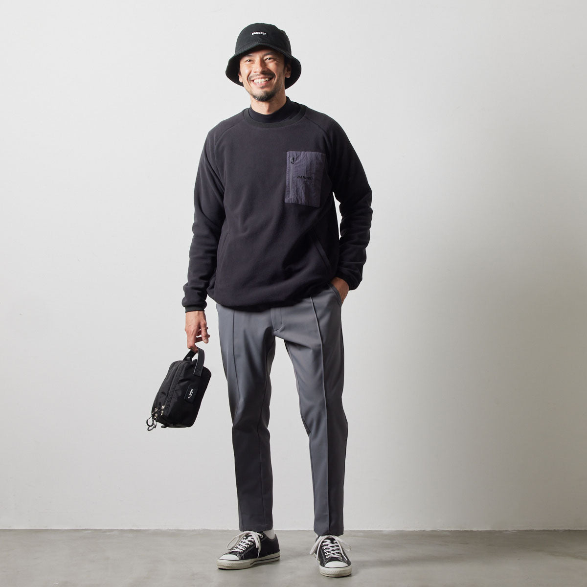 UTILITY FLEECE CREW NECK BGS-4AUFCS ロンT フリース 温度調節 防風 ファスナーポケット ドローコード / BLACK
