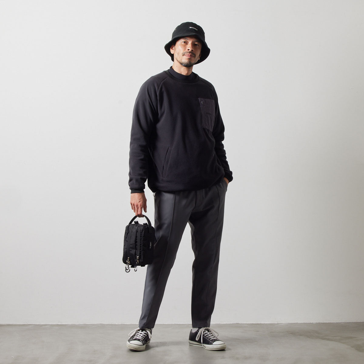 UTILITY FLEECE CREW NECK BGS-4AUFCS ロンT フリース 温度調節 防風 ファスナーポケット ドローコード / BLACK