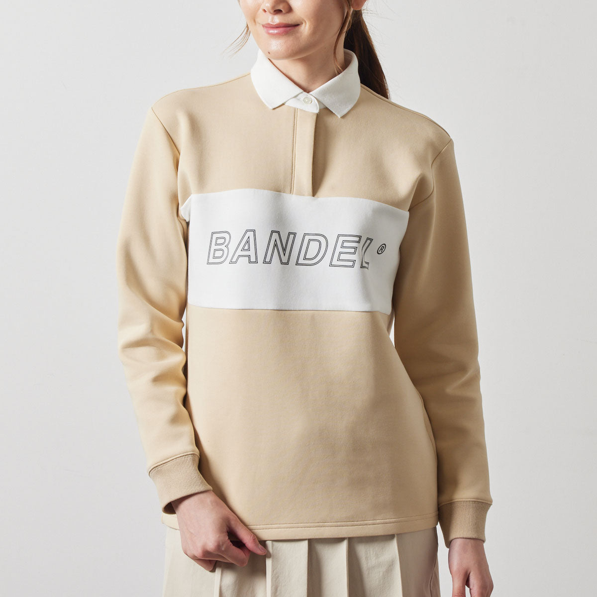 WOMENS COLOR BLOCK L/S RUGBY POLO BGS-W4ACBRP ポロシャツ ストレッチ 保温 軽量 / BEIGE×WHITE