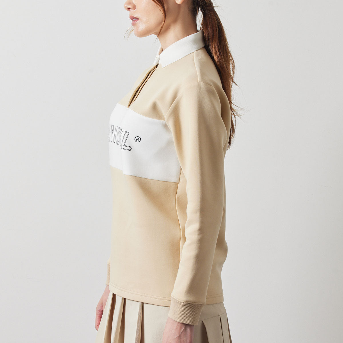 WOMENS COLOR BLOCK L/S RUGBY POLO BGS-W4ACBRP ポロシャツ ストレッチ 保温 軽量 / BEIGE×WHITE
