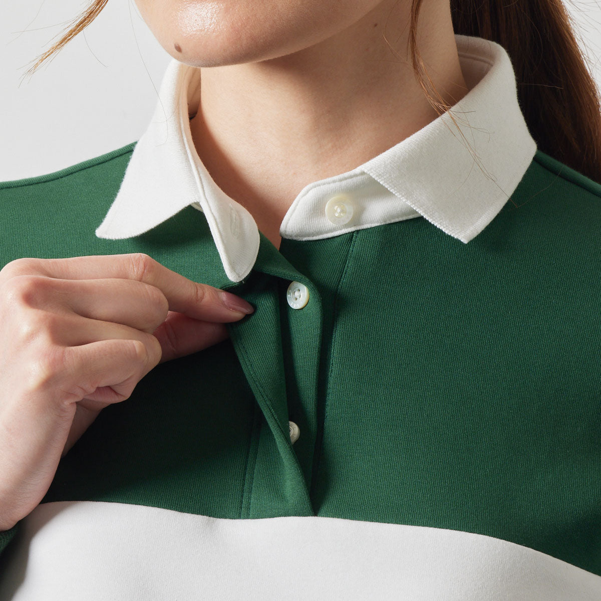 WOMENS COLOR BLOCK L/S RUGBY POLO BGS-W4ACBRP ポロシャツ ストレッチ 保温 軽量 / GREEN×WHITE