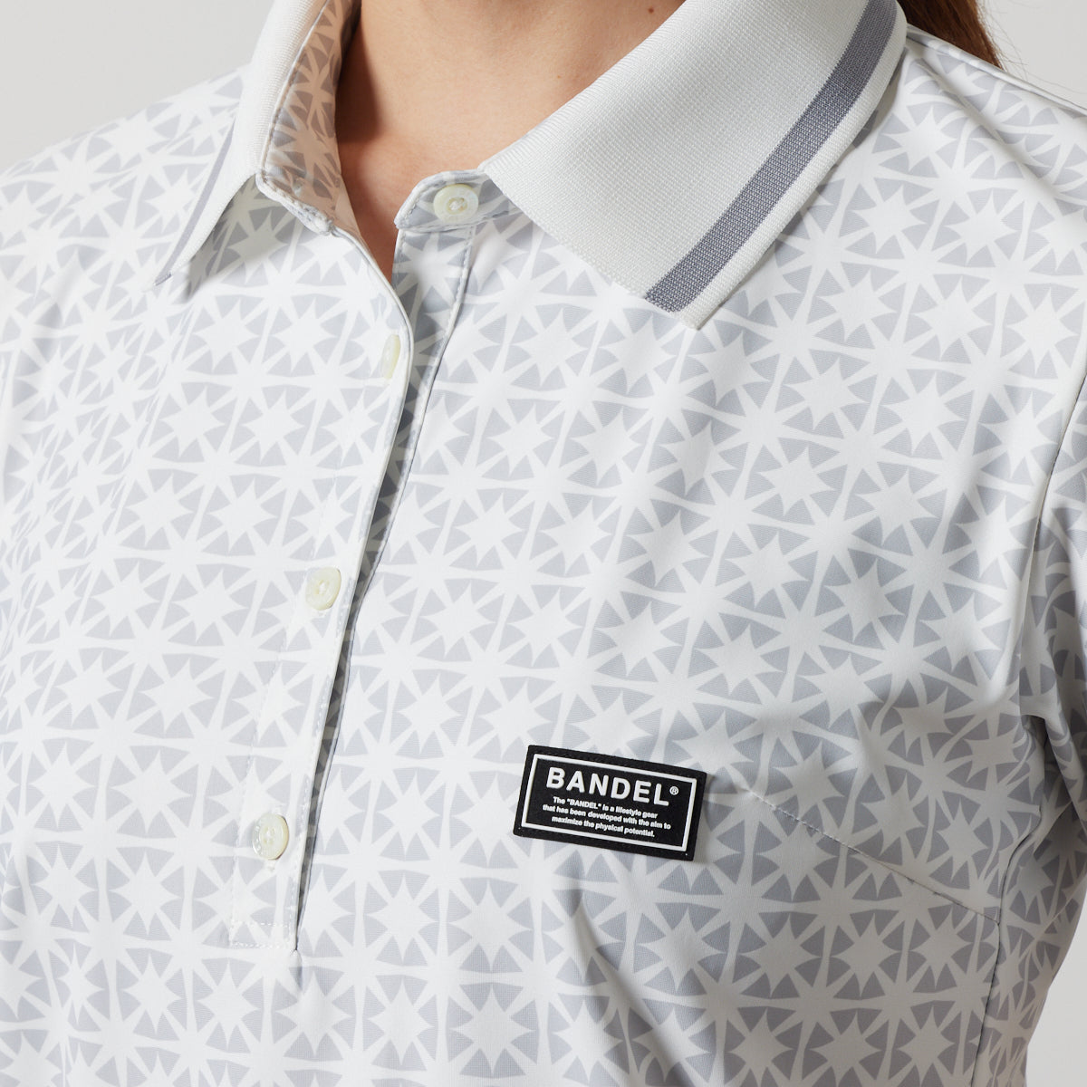 BANDEL GOLF バンデルゴルフ ポロシャツ WOMENS ALLOVER S/S POLO SHIRTS BGS-W4SAOPL WHITE LINE GRAY ホワイト グレー