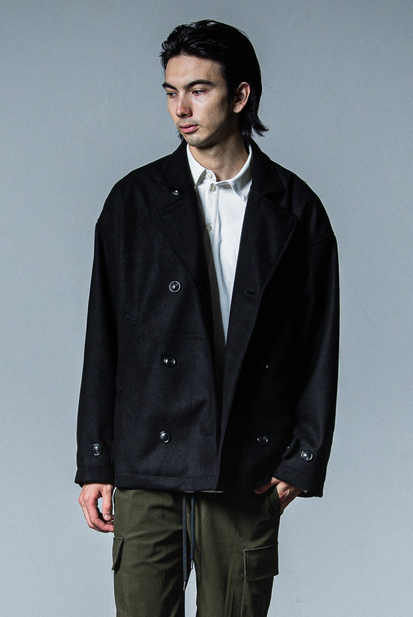 MELTON OVER PCOAT RC33-JK-007 LOOSE FIT ピーコート 高機能素材 / BLACK