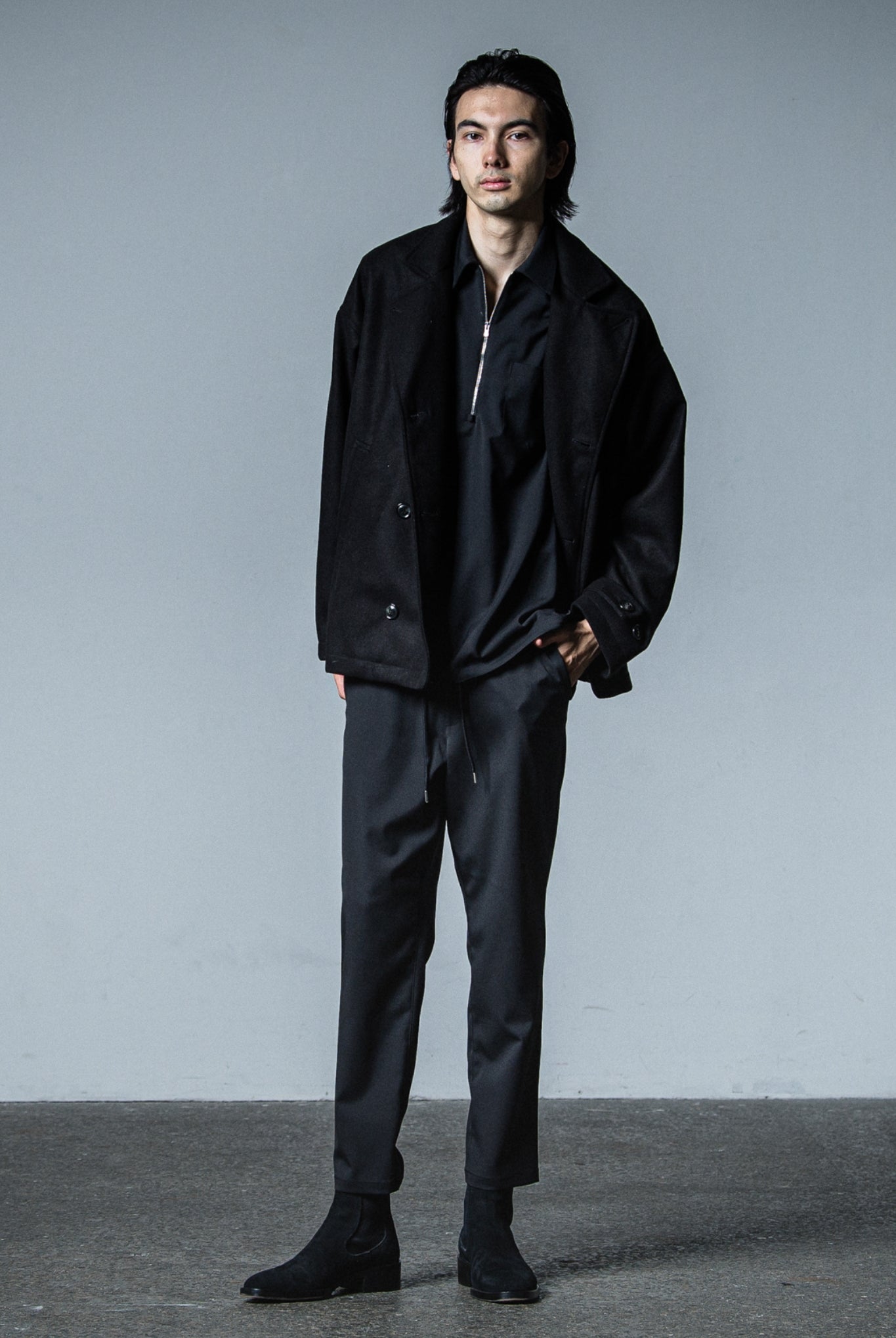 MELTON OVER PCOAT RC33-JK-007 LOOSE FIT ピーコート 高機能素材 / BLACK