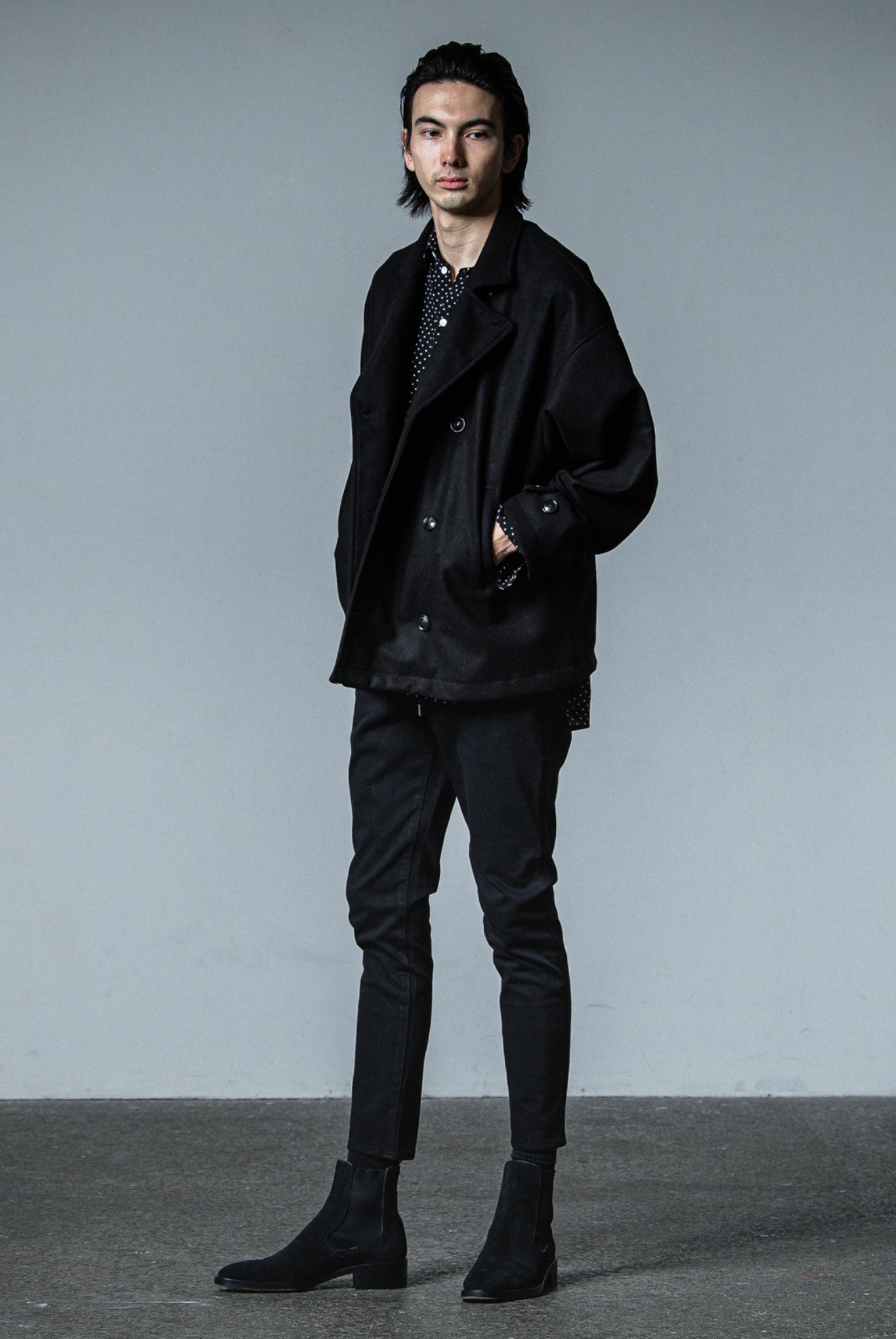 MELTON OVER PCOAT RC33-JK-007 LOOSE FIT ピーコート 高機能素材 / BLACK