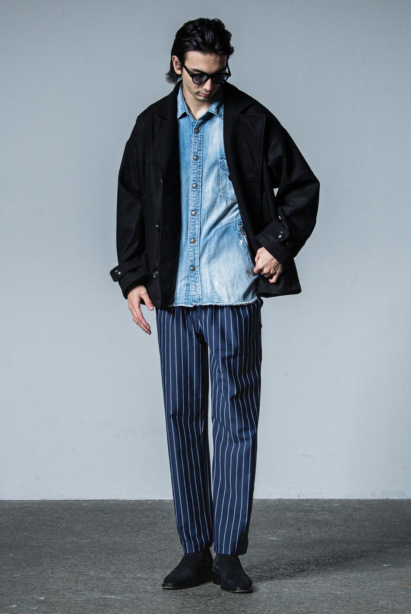 MELTON OVER PCOAT RC33-JK-007 LOOSE FIT ピーコート 高機能素材 / BLACK