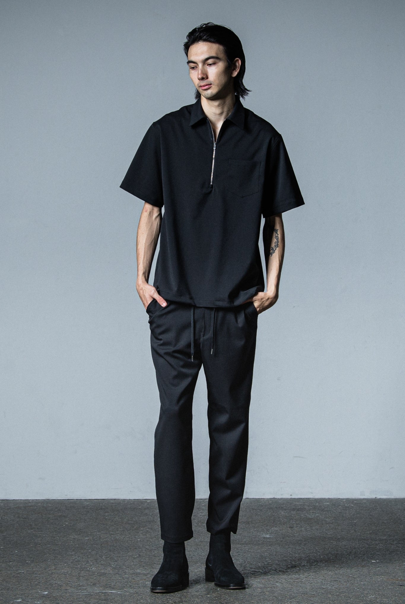 PAT WIDE EASY PANTS (POLY) RC33-ST-036BN WIDE TAPERD ロングパンツ ワイド イージースラックス ストレッチ / BLACK