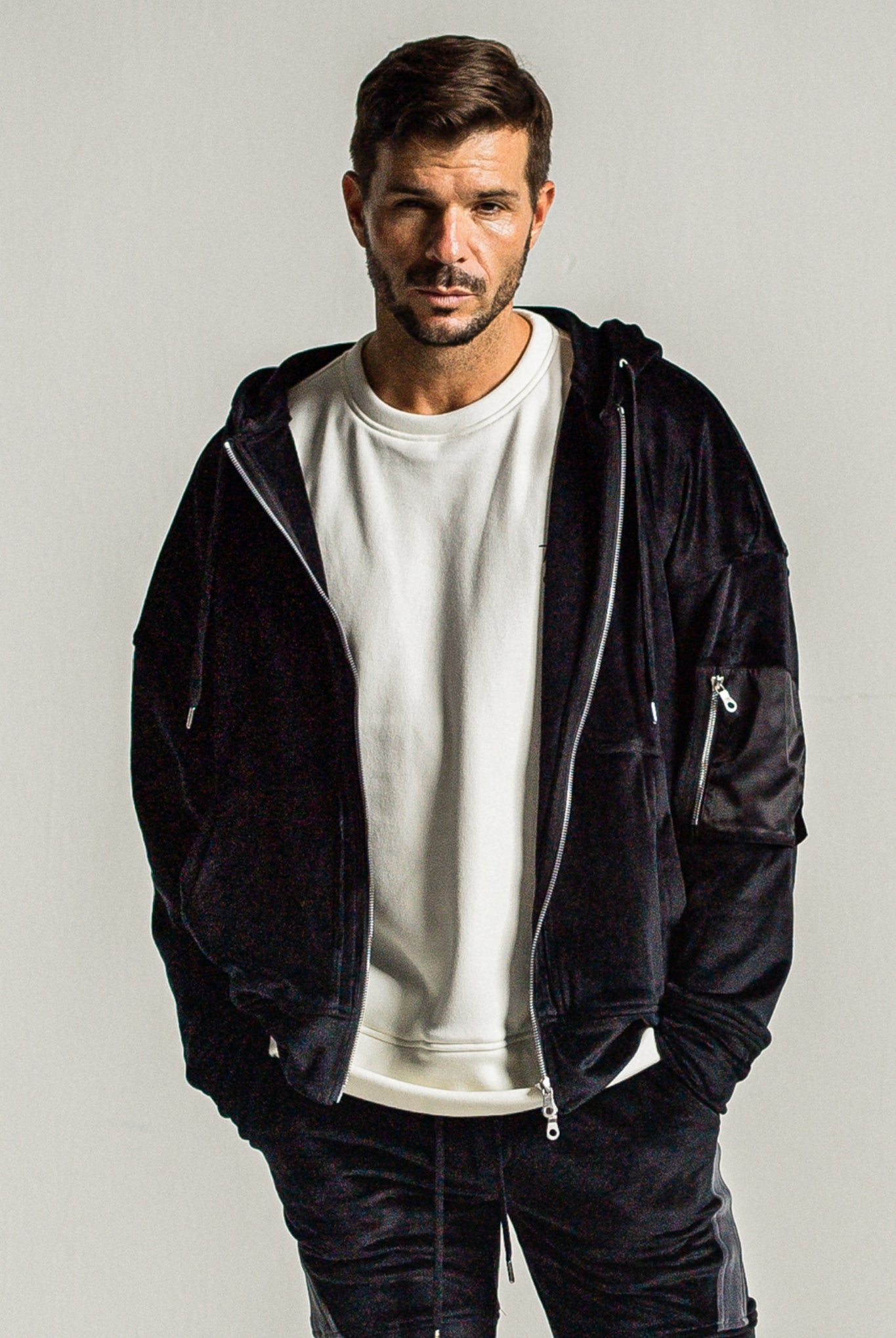 velours fleece zip loose hoodie RC34-C-009 フリースパーカー オーバーサイズ ストレッチ性 快適な着心地 / BLACK