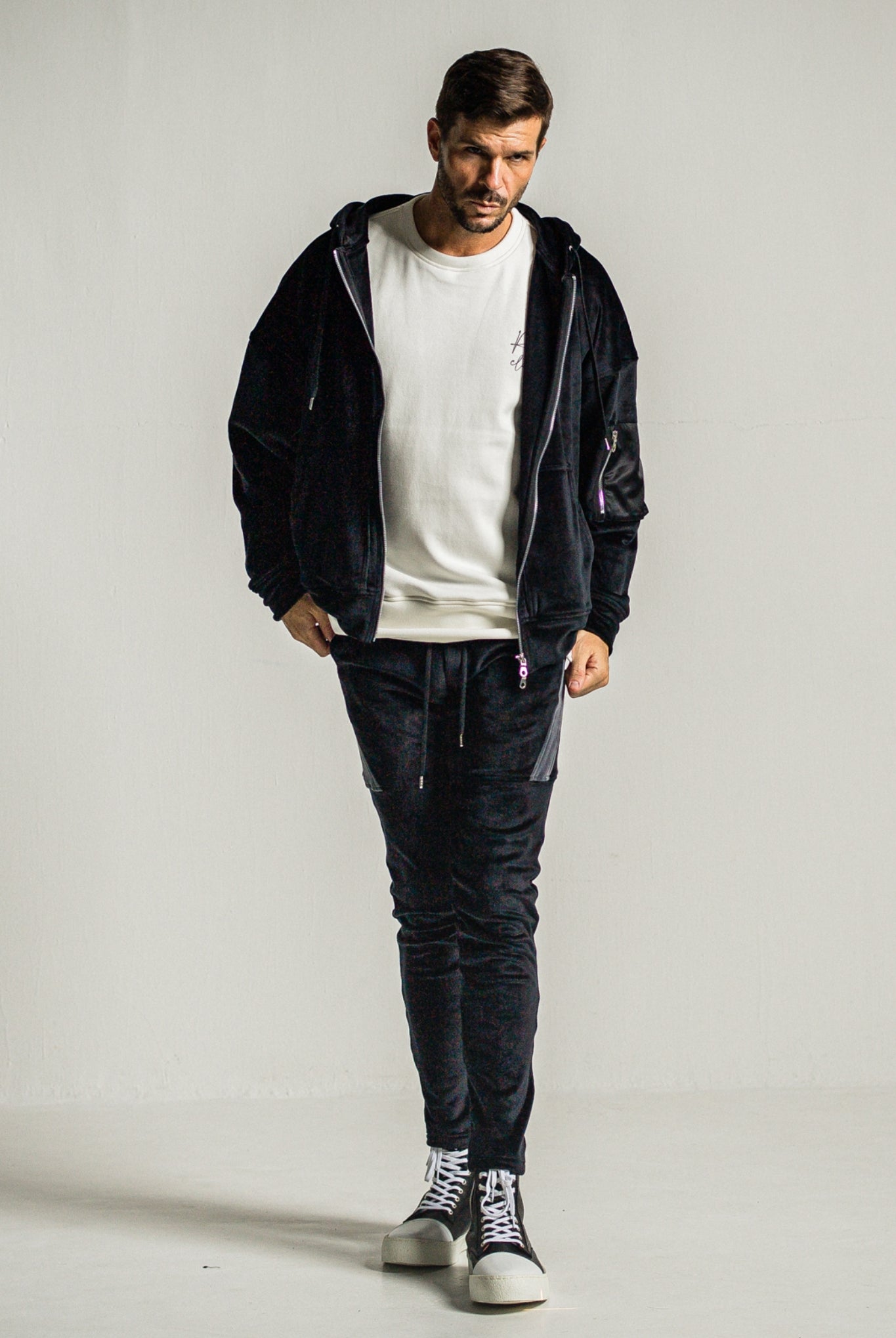 velours fleece zip loose hoodie RC34-C-009 フリースパーカー オーバーサイズ ストレッチ性 快適な着心地 / BLACK