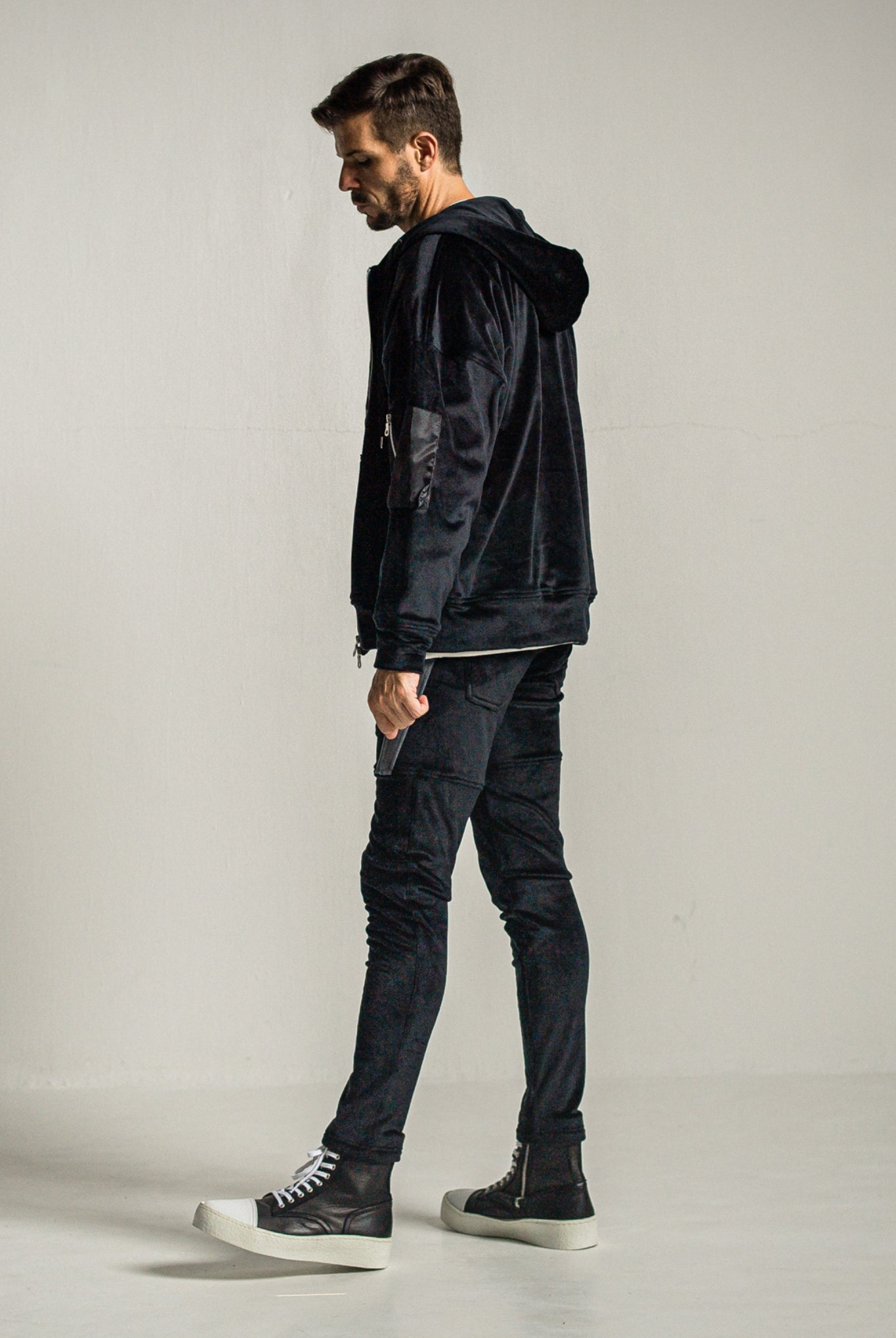 velours fleece zip loose hoodie RC34-C-009 フリースパーカー オーバーサイズ ストレッチ性 快適な着心地 / BLACK