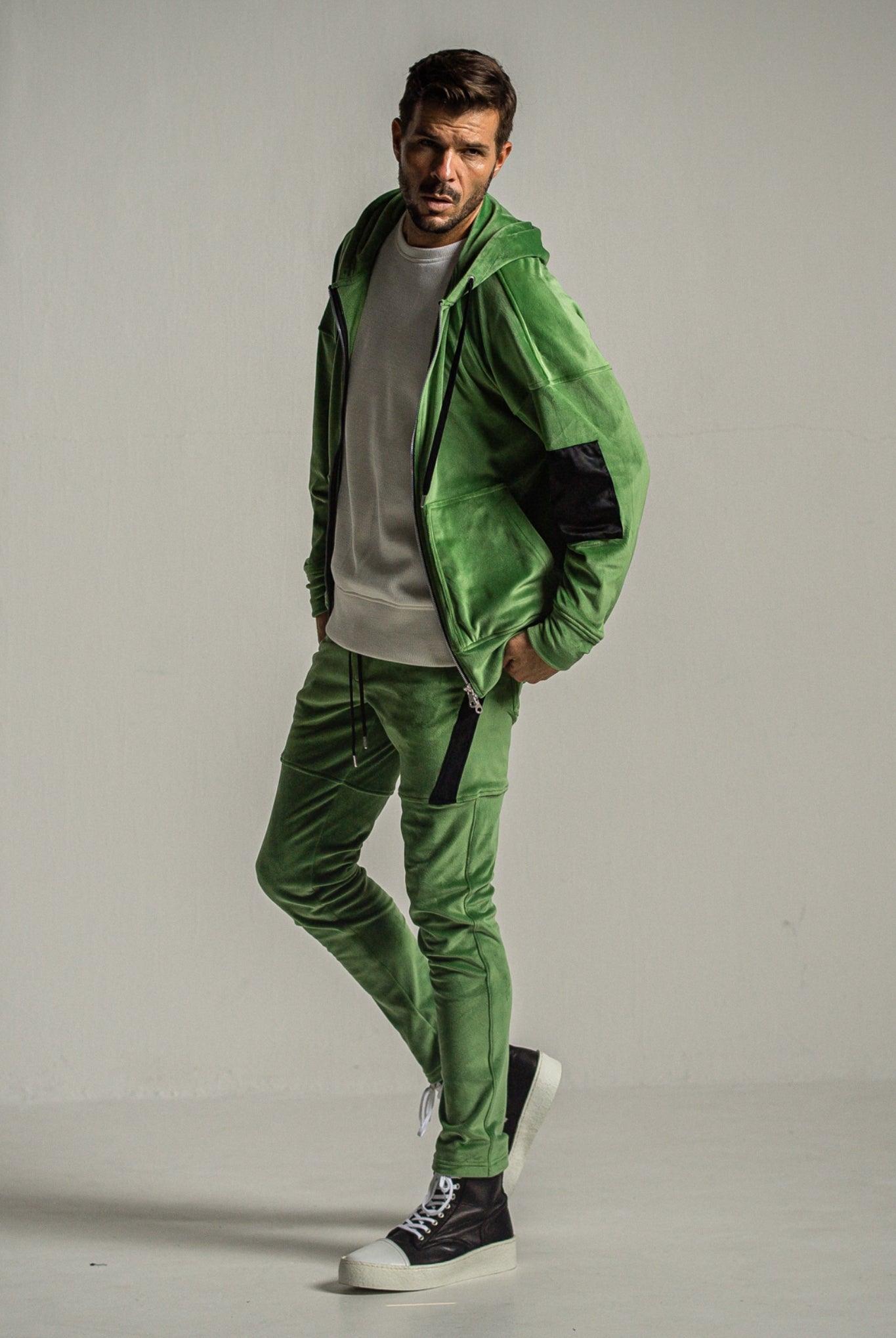 velours fleece zip loose hoodie RC34-C-009 フリースパーカー オーバーサイズ ストレッチ性 快適な着心地 / GREEN