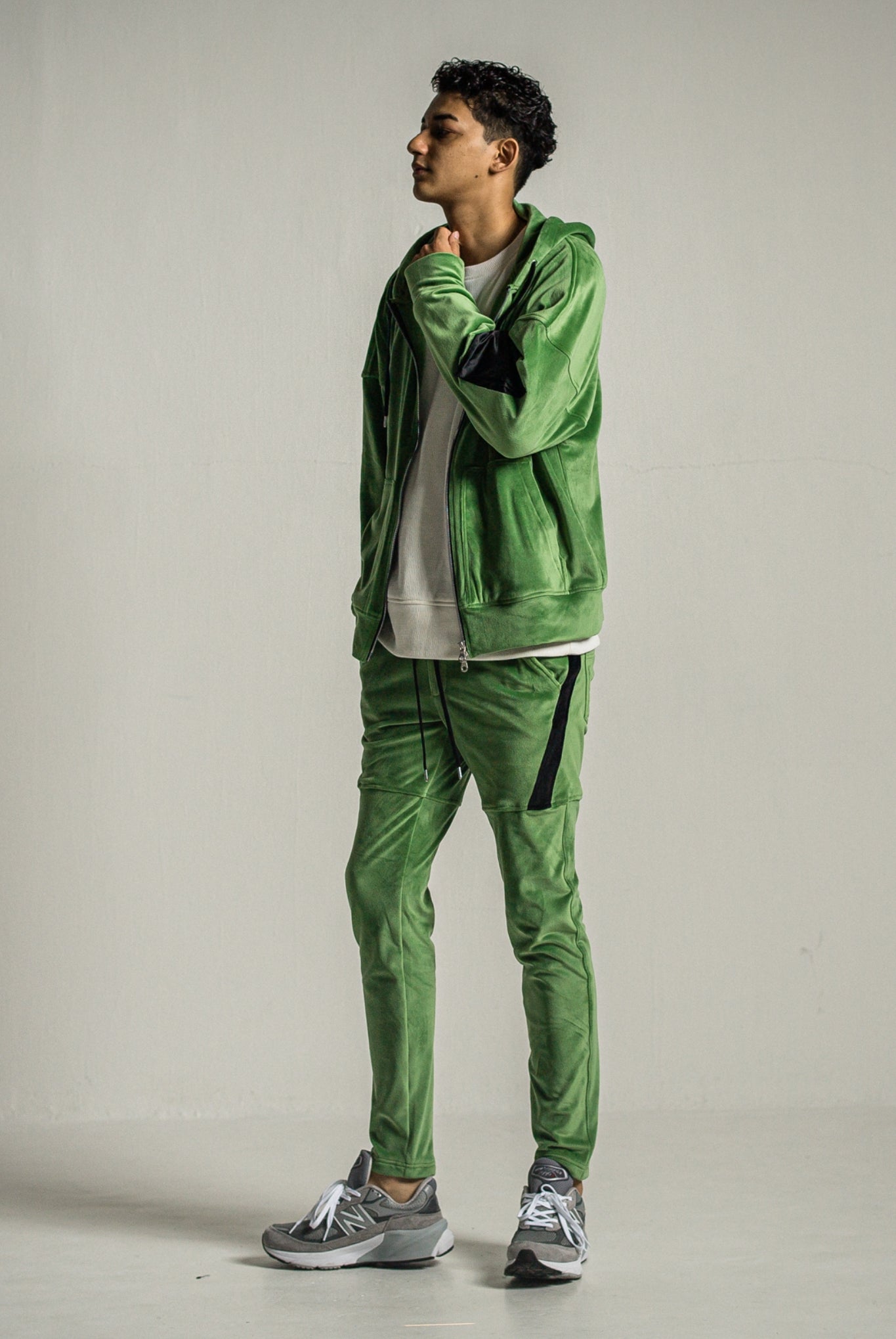 velours fleece zip loose hoodie RC34-C-009 フリースパーカー オーバーサイズ ストレッチ性 快適な着心地 / GREEN