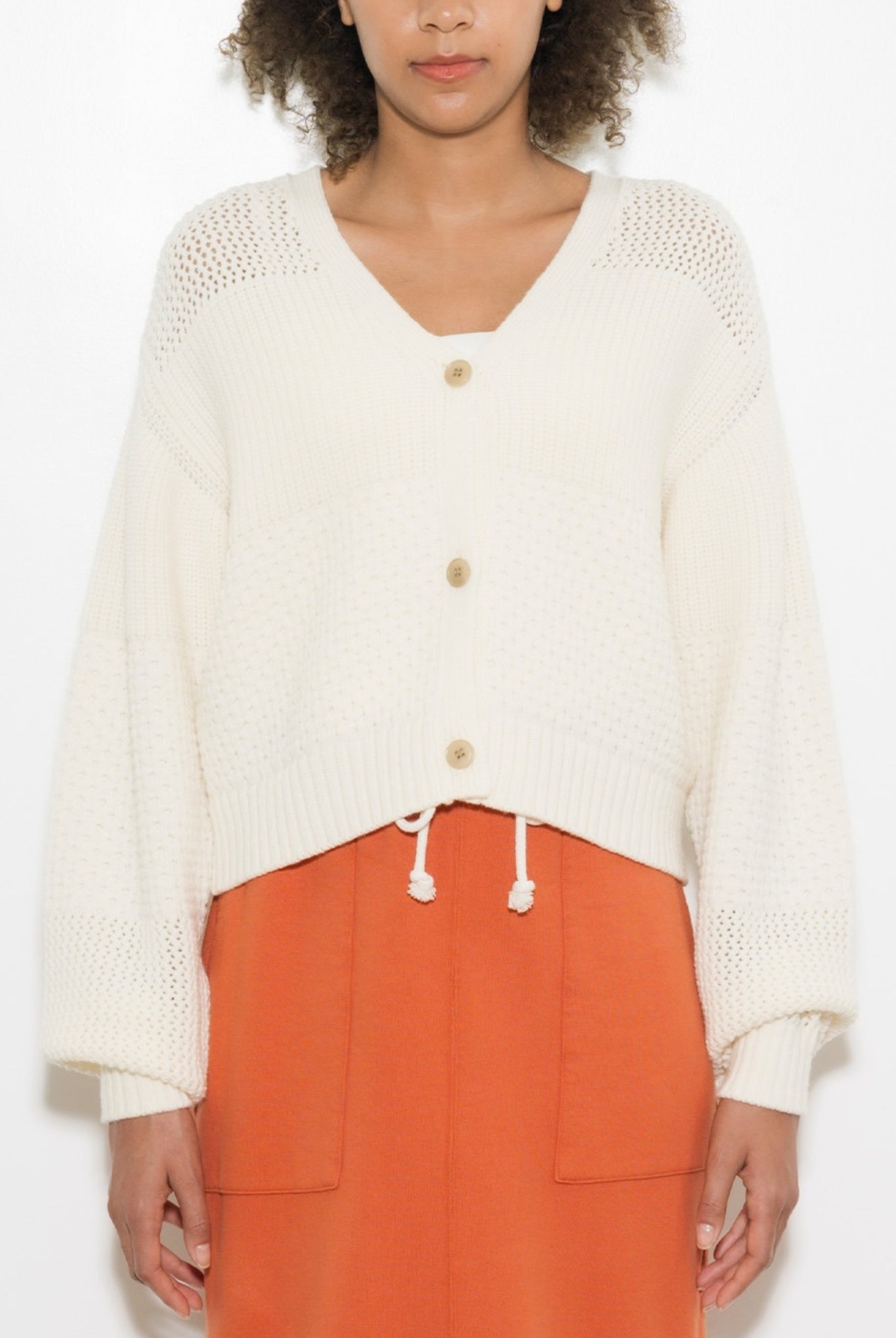 PATCHWORK KNIT CARDIGAN LSEA24A9619-K カーディガン ニット ウール 100% ショート丈 日本製 / IVORY