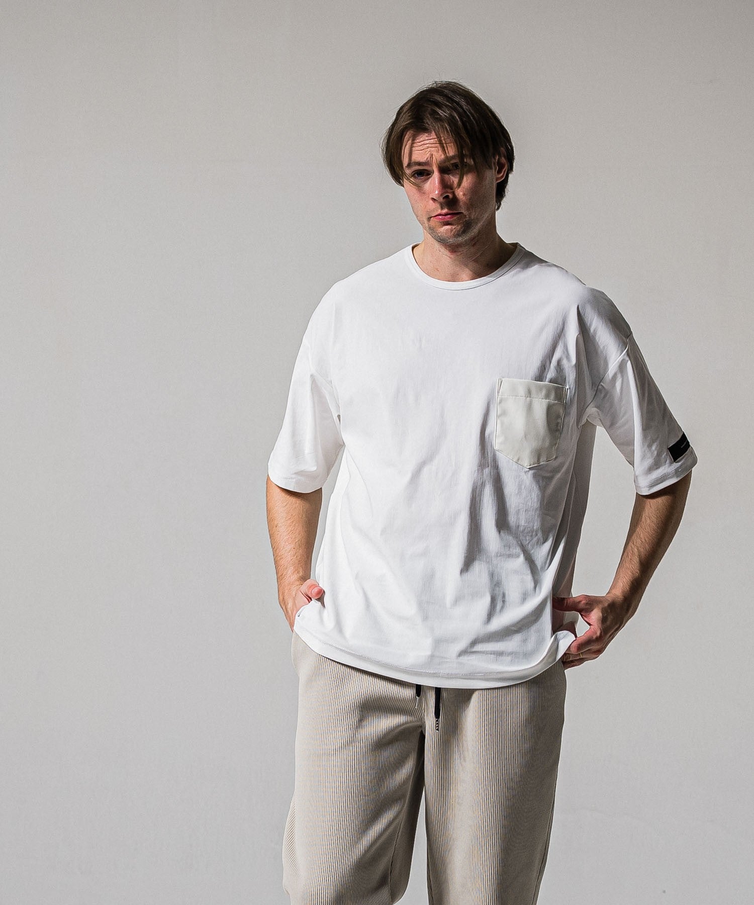 leather pocket overnylon T WHITE