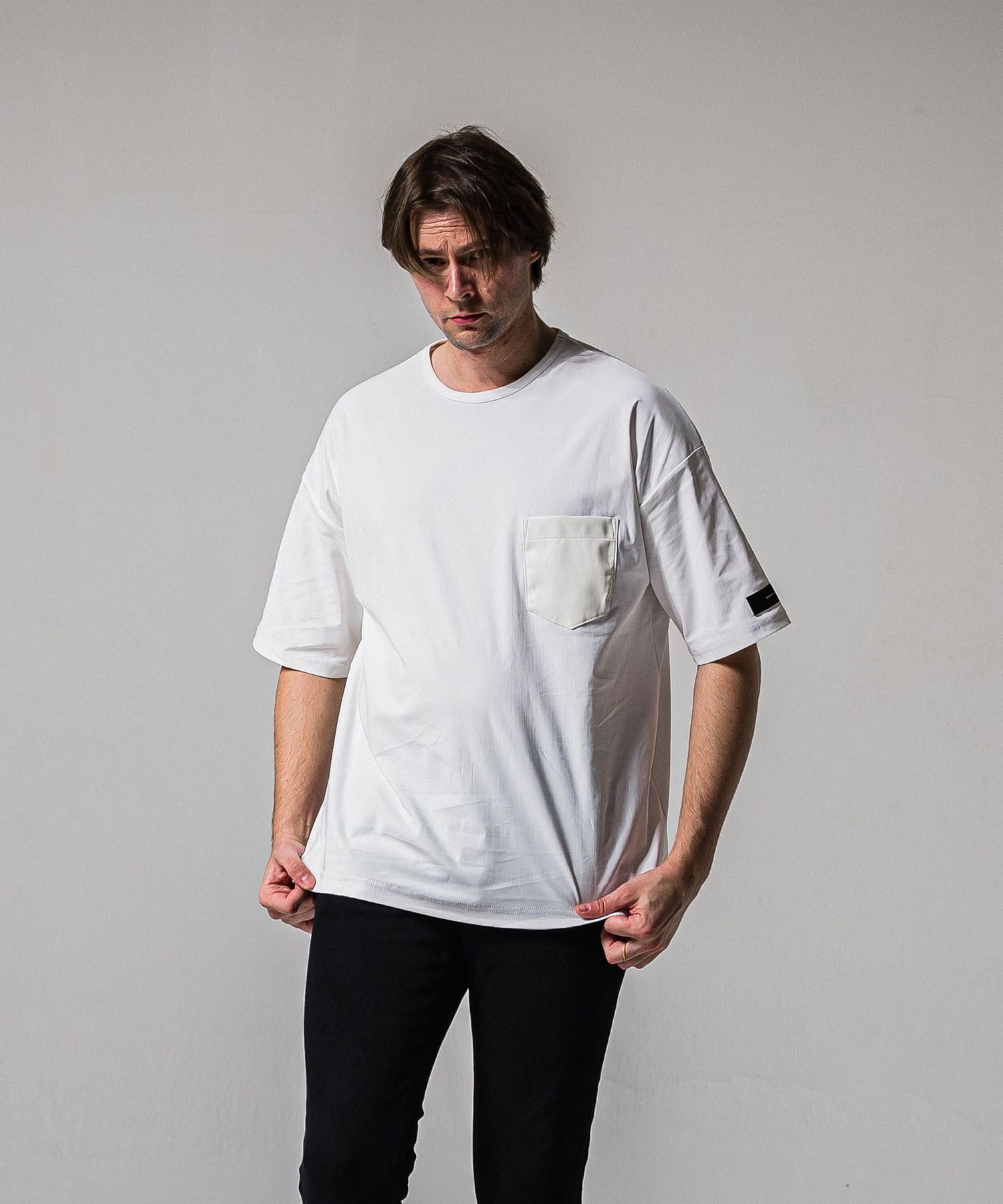 leather pocket overnylon T WHITE