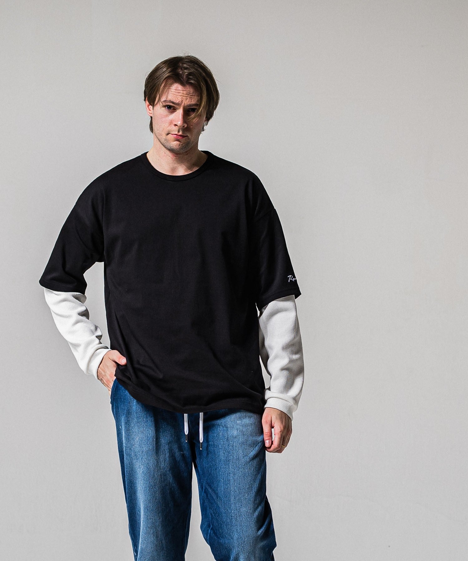 fake layered waffle longsleave BLACK×WHITE