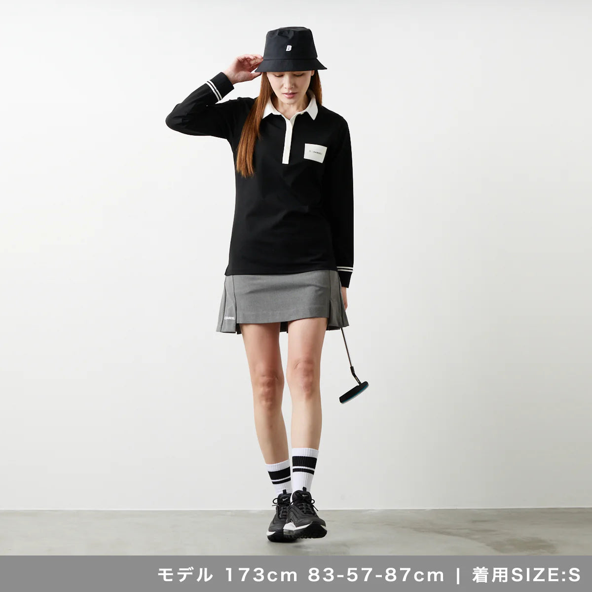 WOMENS バイカラー長袖ポロ BLACK