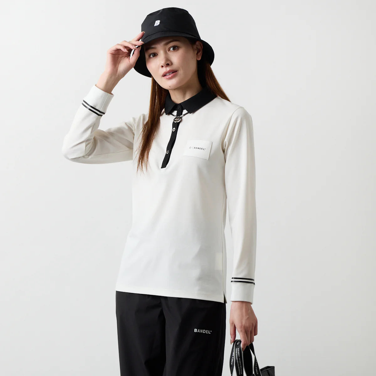 WOMENS バイカラー長袖ポロ WHITE
