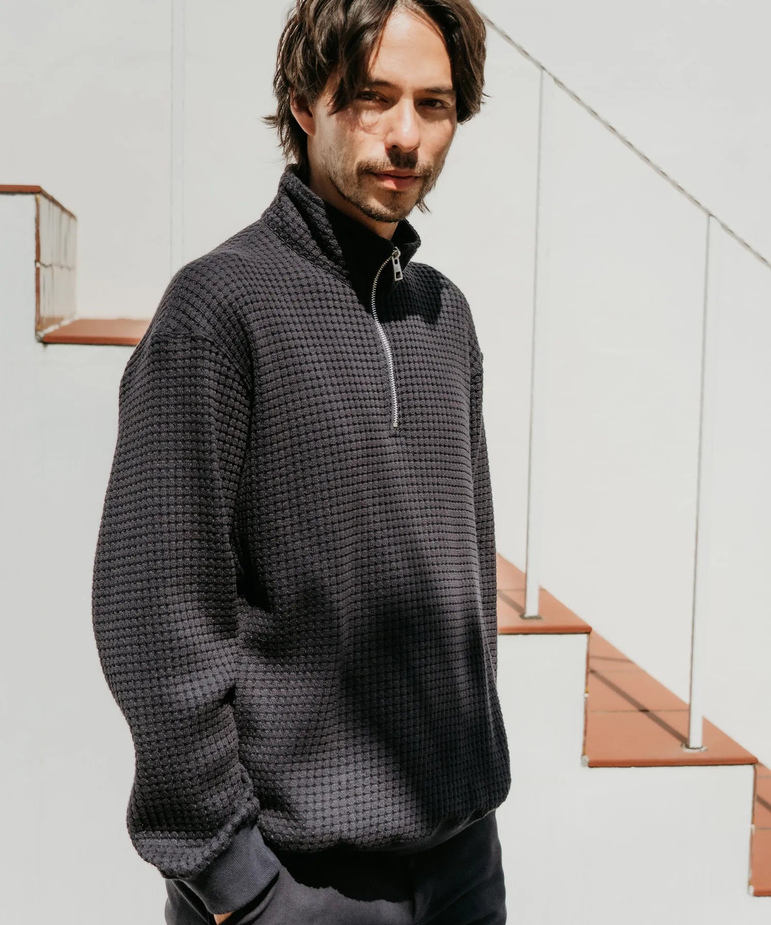 BIG WAFFLE HALFZIP PULLOVER BLACK