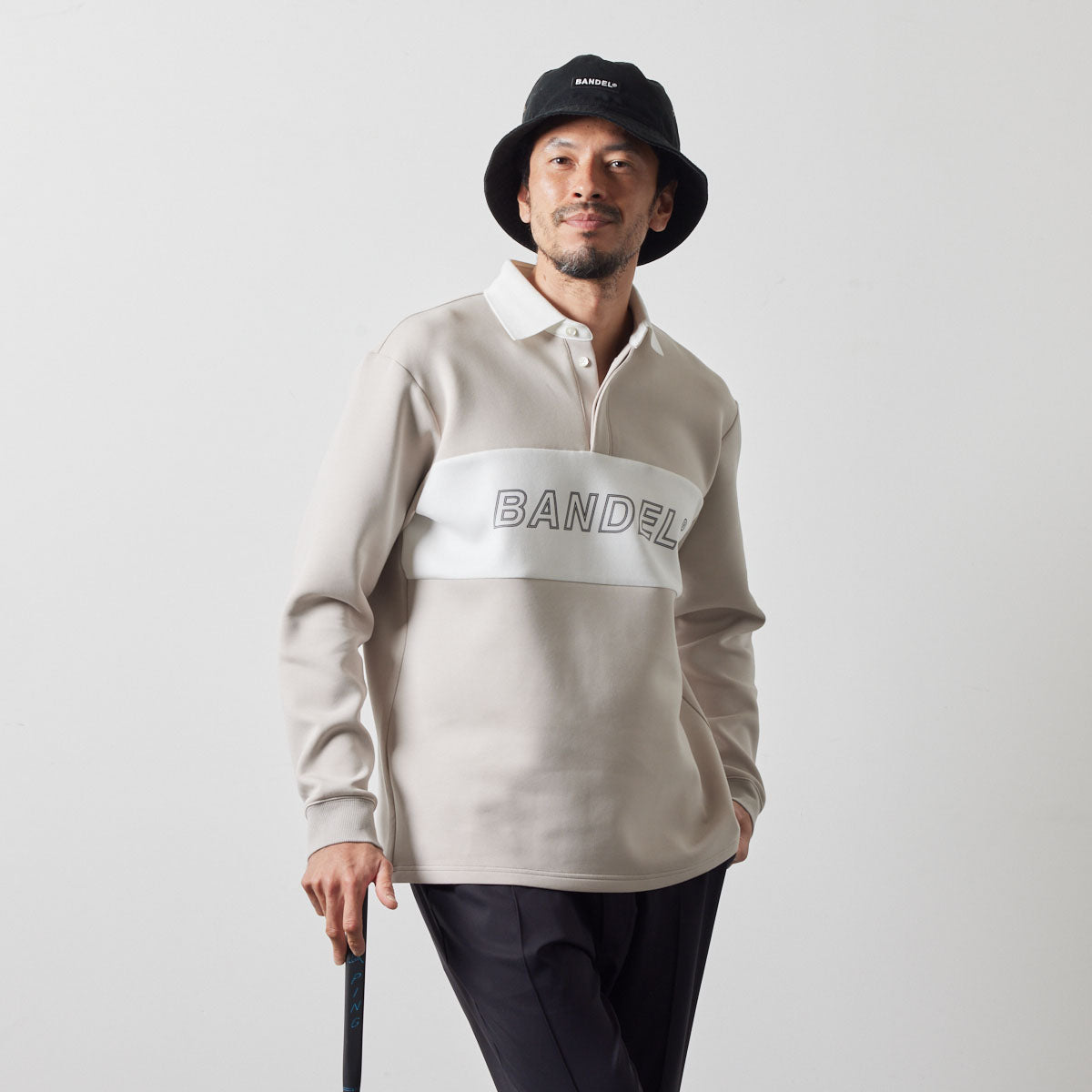 COLOR BLOCK L/S RUGBY POLO BGS-4ACBRP 軽量 保温 伸縮性 ルーズフィット / BEIGE×WHITE