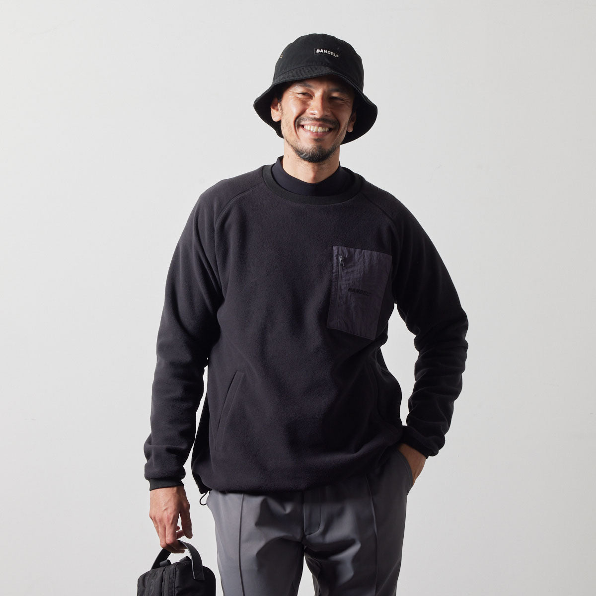 UTILITY FLEECE CREW NECK BGS-4AUFCS ロンT フリース 温度調節 防風 ファスナーポケット ドローコード / BLACK