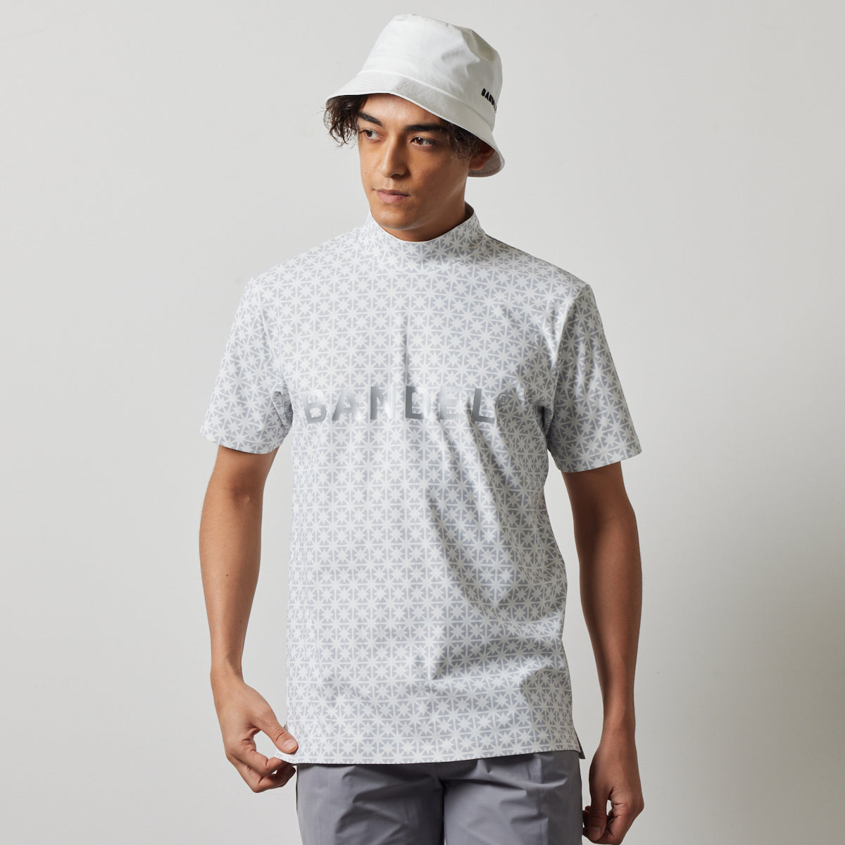 BANDEL GOLF バンデルゴルフ モックネック ALLOVER S/S MOCK NECK SHIRTS BGS-4SAOMC WHITE LINE GRAY