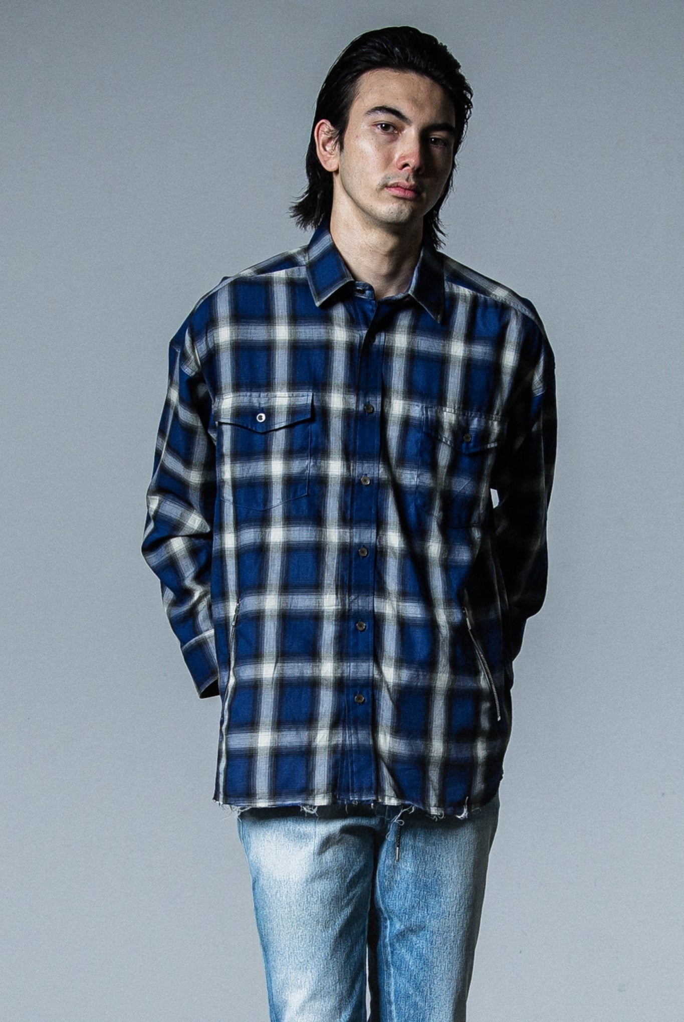 OVER gown CHECK shirts RC33-SH-003 オーバーサイズ シャツ サイドポケット ファスナー / BLUE