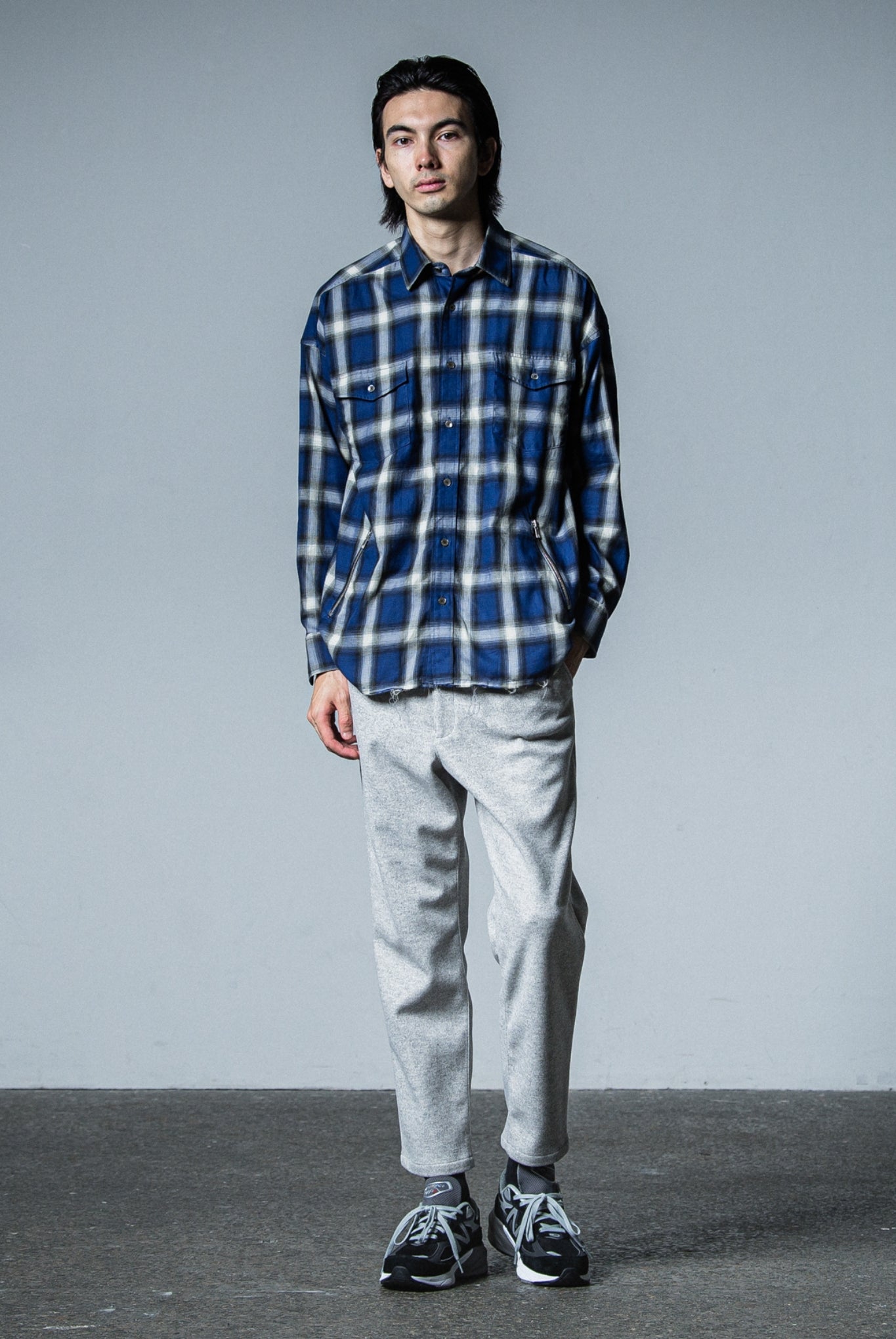 OVER gown CHECK shirts RC33-SH-003 オーバーサイズ シャツ サイドポケット ファスナー / BLUE