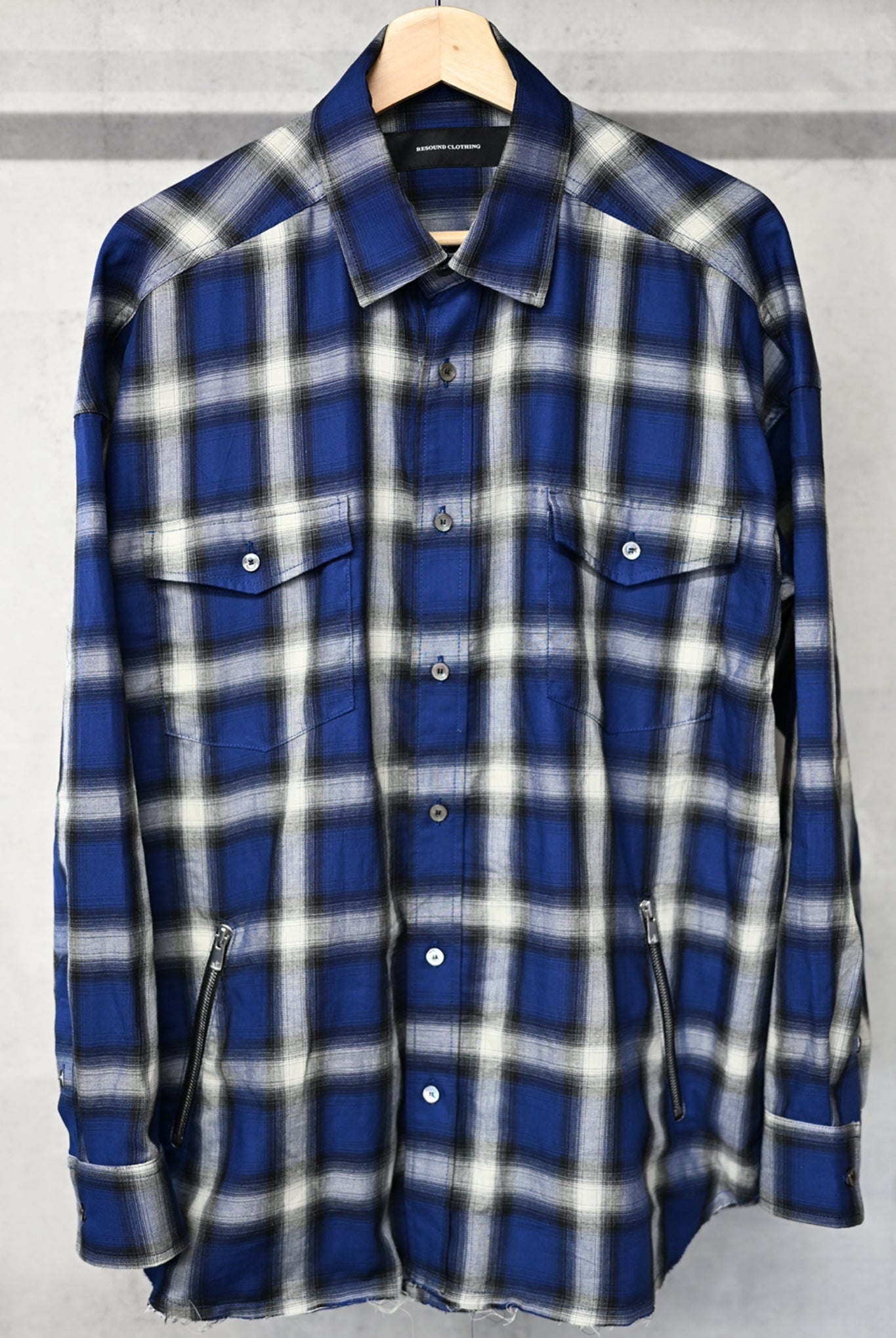 OVER gown CHECK shirts RC33-SH-003 オーバーサイズ シャツ サイドポケット ファスナー / BLUE