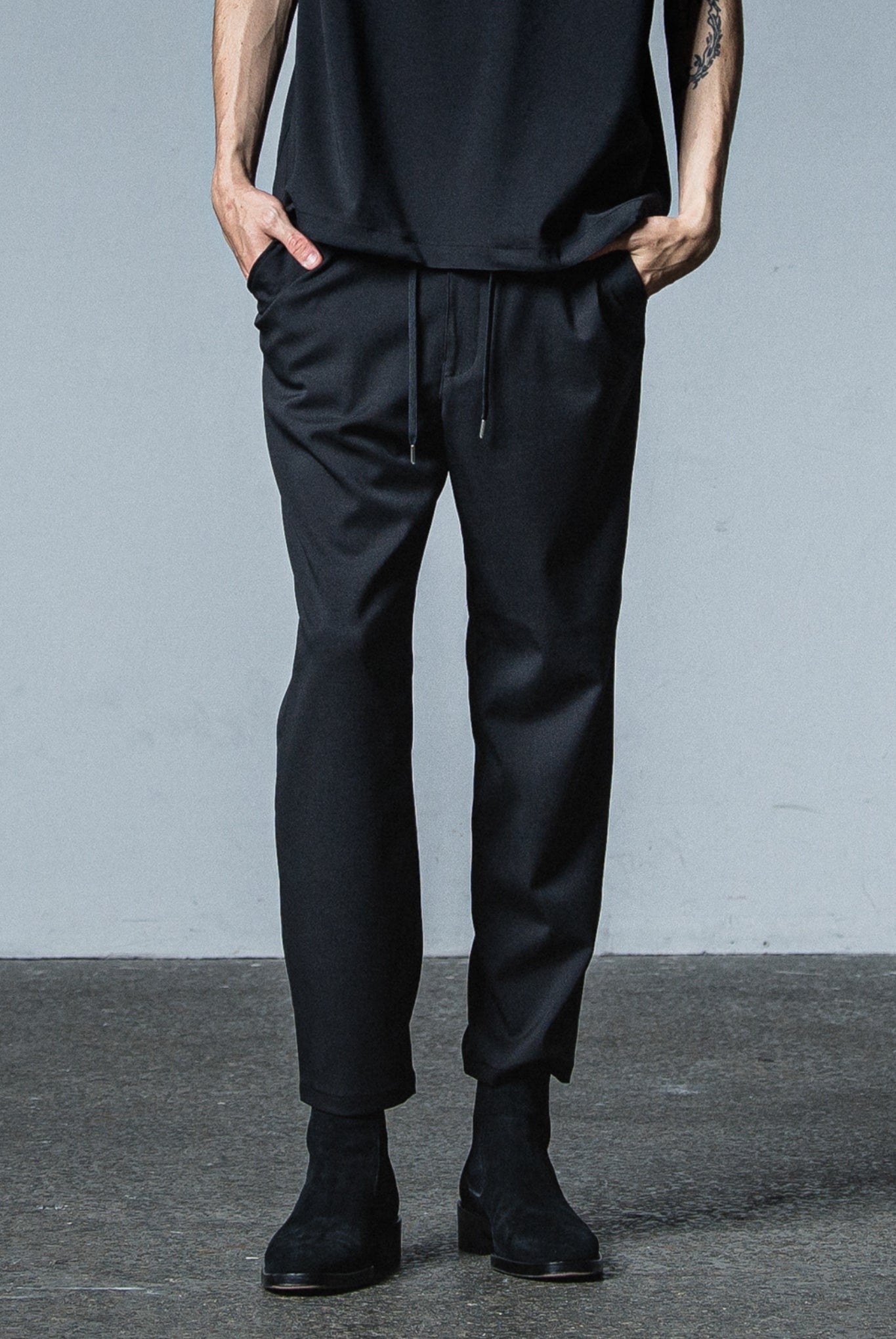 PAT WIDE EASY PANTS (POLY) RC33-ST-036BN WIDE TAPERD ロングパンツ ワイド イージースラックス ストレッチ / BLACK