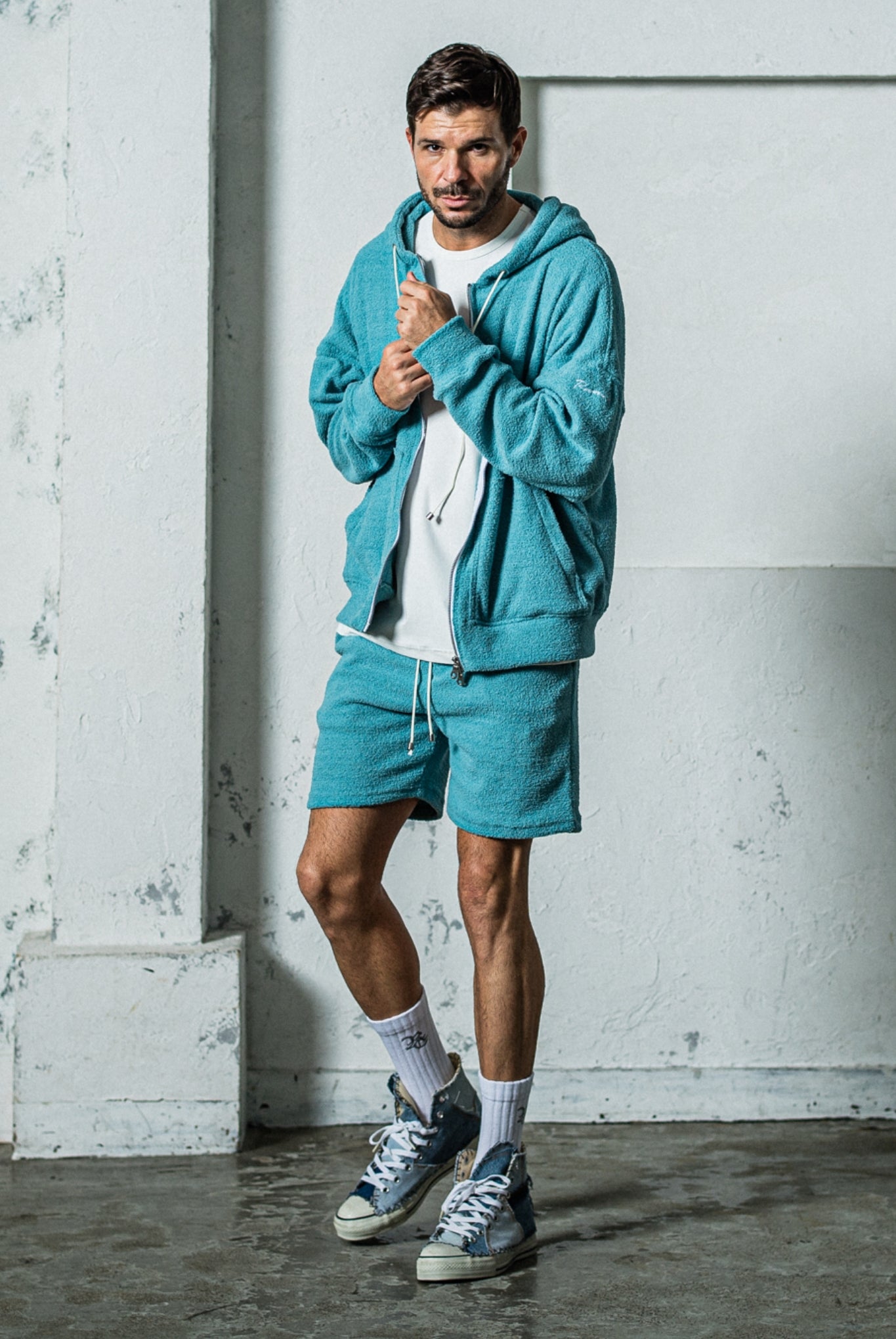 【ご予約受付中】MOLE YARN PILE zip loose hoodie RC35-C-005 ジップアップパーカー パイル素材 セットアップ / BLUEGREEN [全3色]