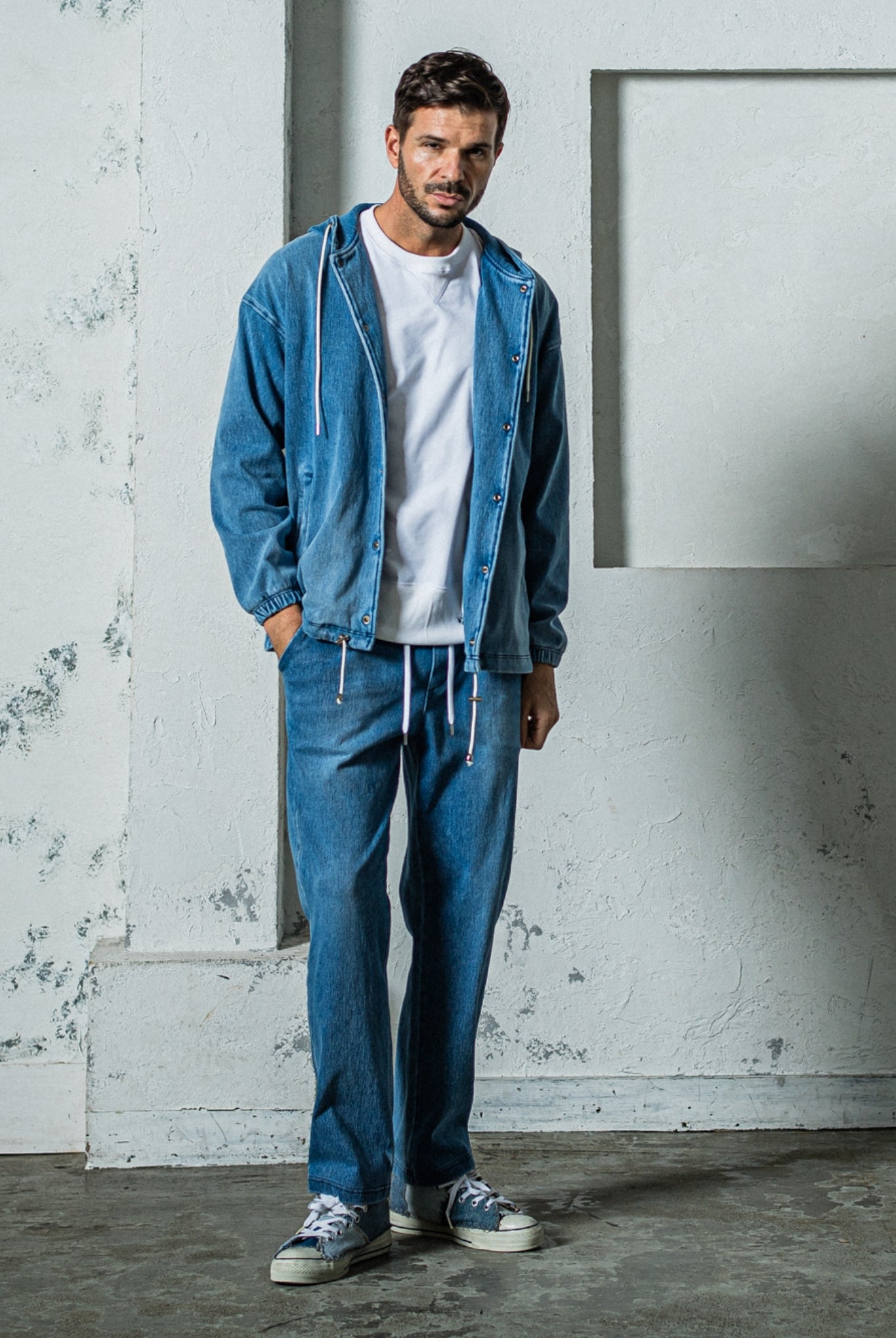 【ご予約受付中】DENIM JERSEY  coach hoodie RC35-JK-006 スナップボタン オーバーサイズ ストレッチ素材 / LIND [全3色]