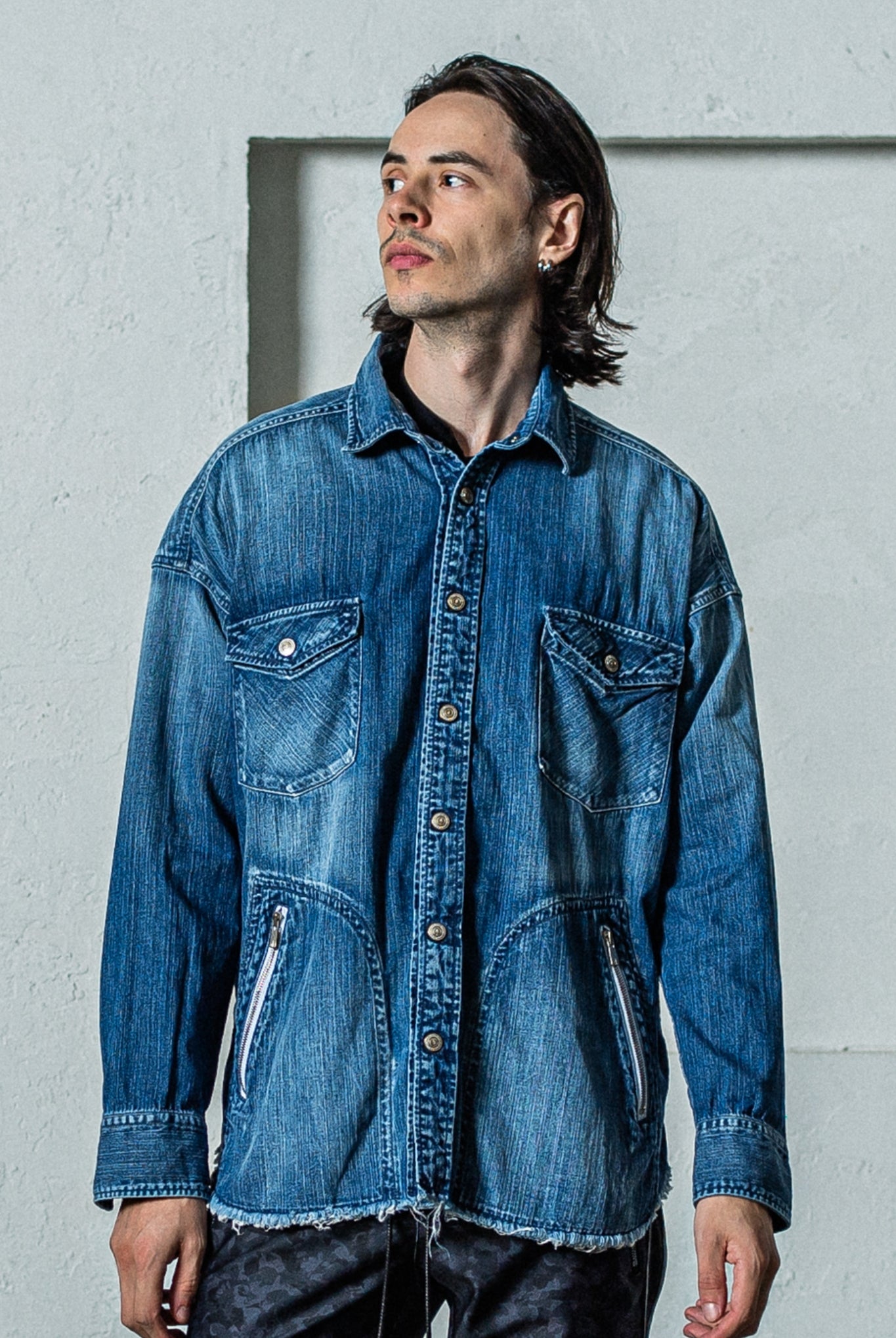 【ご予約受付中】OVER DENIM shirts RC35-SH-002 ダンガリーシャツ デニム ファスナーポケット オーバーサイズ / DIND [全2色]